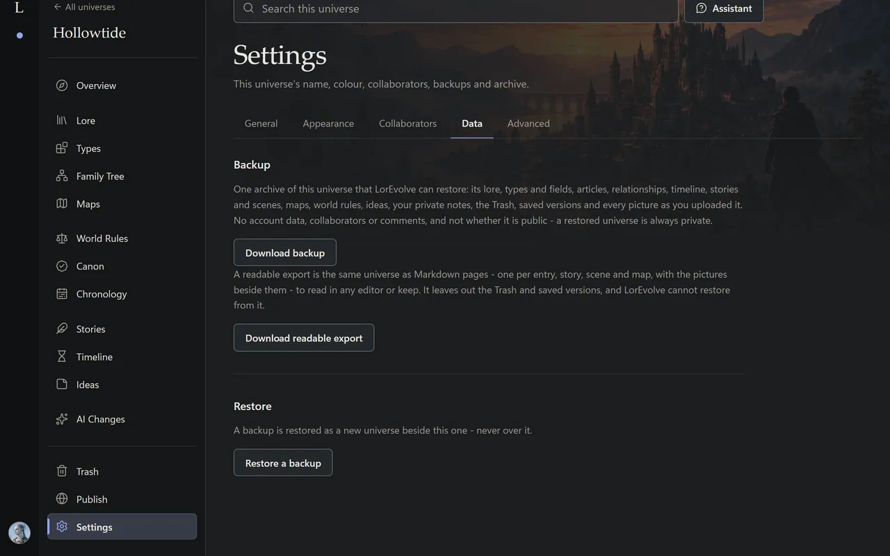 The export page with a readable export and a full backup.