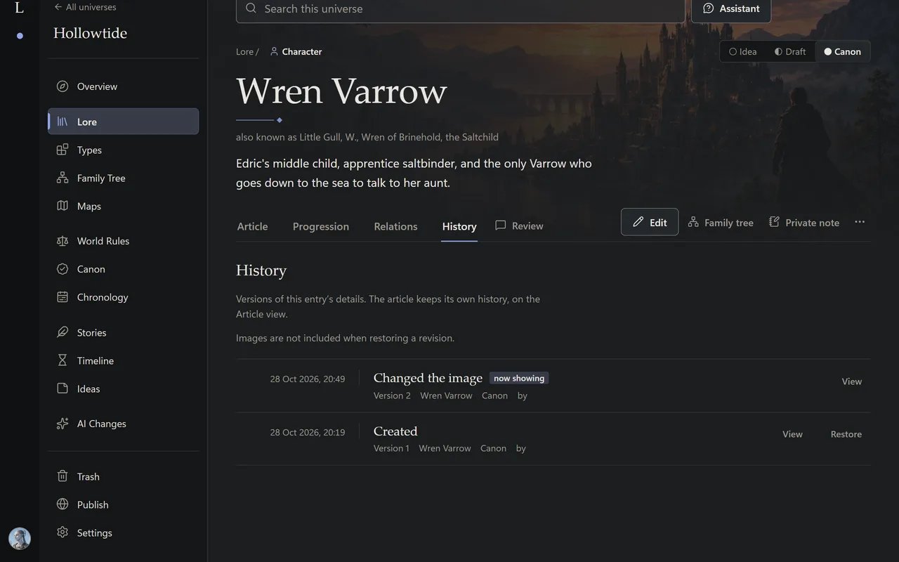 An entry's history, with earlier versions ready to view and restore.